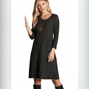 Eileen Fisher Washable Wool Pleated Ribbed Knit Dress Black Italian Fabric Sz XS